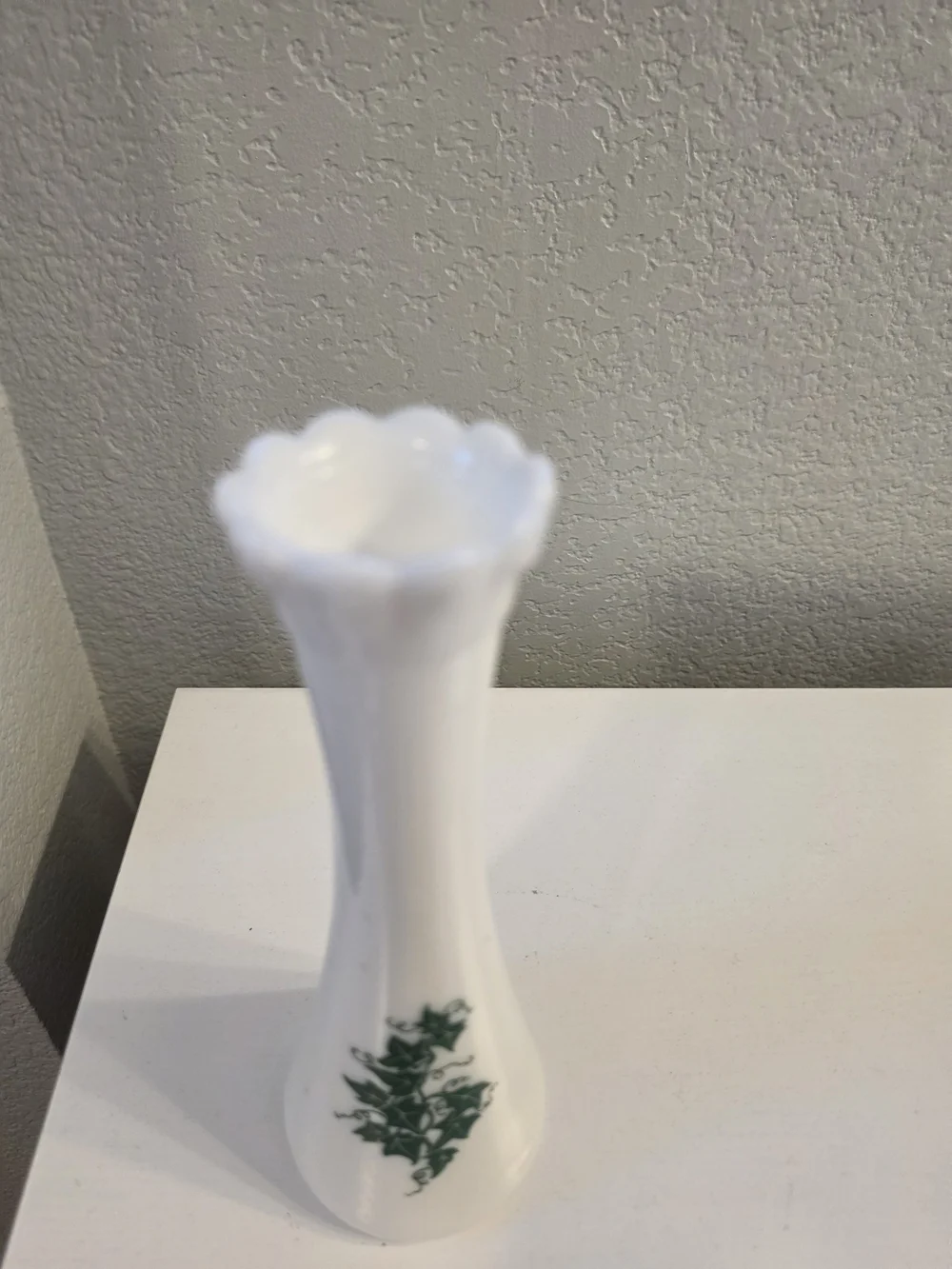 White Milk Glass Bud Vase with Green Ivy Accent